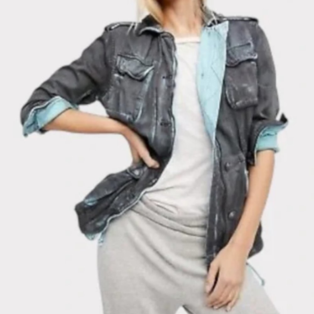 Free People Military Jacket Womens XS Gray Blue Dye Cotton Double Cloth Utility